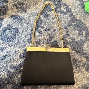 Vintage BLACK SATEEN Goldtone & Mother of Pearl Trim Handbag Bags by Edwards USA